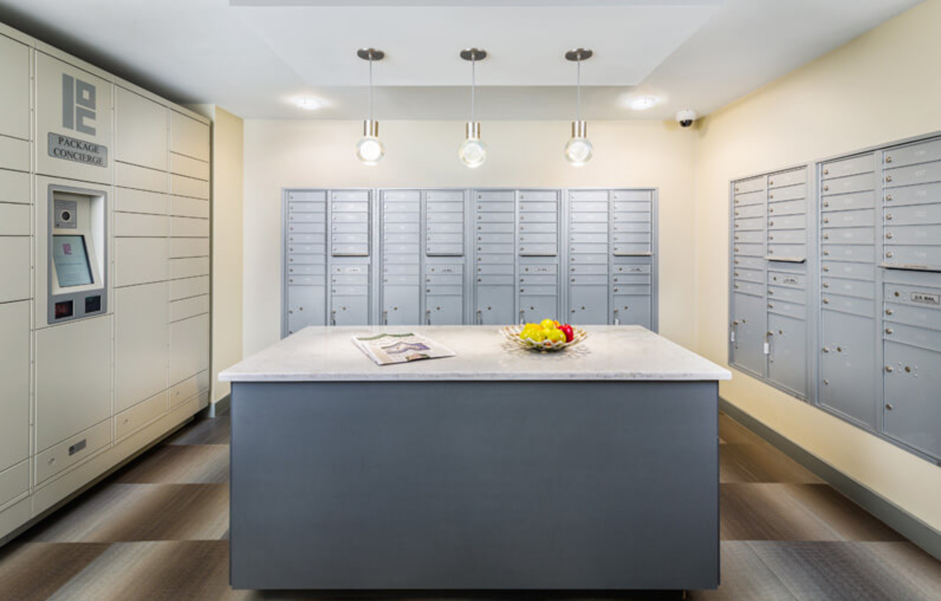 Mail room with secure package lockers