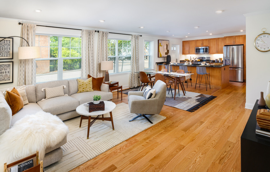 Hancock Village - NEW Construction in Chestnut Hill MA Townhome apartments - Living Room and Dining Room and Kitchen