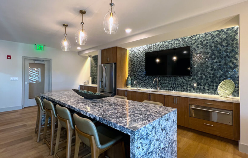 The Adams at Hancock Village Resident Lounge Kitchen