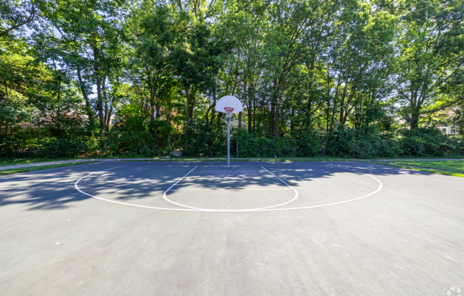 Half of an outdoor basketball court with trees in the background